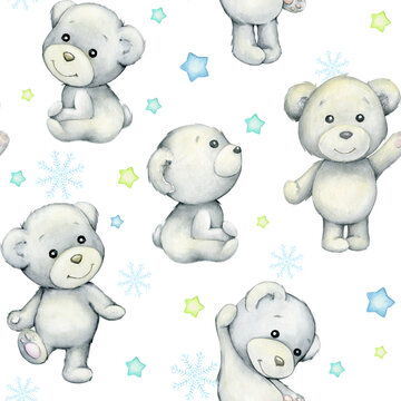 Polar bears, stars, snowflakes. Watercolor seamless pattern, on an isolated background. In cartoon style.