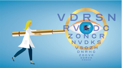 Woman, optometrist, optician, with big golden magnifying glass examine the eye sight. Dimension 16:9. Vector illustration.