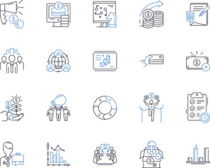 Bank and financial strategy outline icons collection. Banking, Finance, Strategy, Planning, Investing, Risk, Asset vector and illustration concept set. Funds,Management,Securities linear signs
