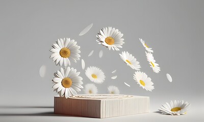 3D background, wood podium display. White daisy flower falling. Cosmetic or beauty product promotion step, pedestal with green grass. Abstract spring backdrop. Ai generative
