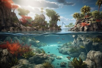 Corals and reef under water, with Lush tropical shore landscape above the surface - AI Generated