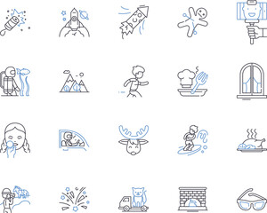 Adventure and christmas outline icons collection. Adventure, Christmas, Vacation, Holidays, Snow, Skiing, Snowboarding vector and illustration concept set. Ice-Skating, Sledding, Sleigh-Ride linear