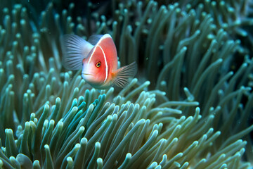 clown fish on an anemone underwater reef in the tropical ocean