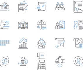 Business Intelligence outline icons collection. Business, Intelligence, Analytics, Data, Mining, Reporting, Warehousing vector and illustration concept set. Visualization, Integration, Governance