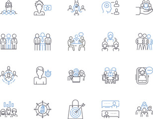 Management coworkers outline icons collection. Cooperation, Collaboration, Teamwork, Relationships, Motivation, Communication, Efficiency vector and illustration concept set. Productivity, Respect