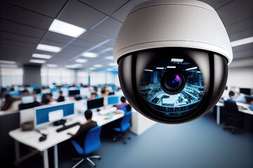 close-up of security camera lens, showing detailed view of office environment, created with generative ai