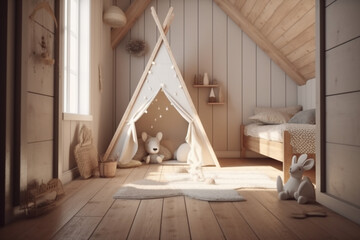 Children's room mockup frame with natural wooden accents in a farmhouse interior, Generative AI