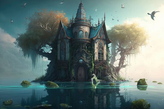 Imaginary cyberpunk fairy mansion in the water. Concept for a post apocalyptic world. Generative AI