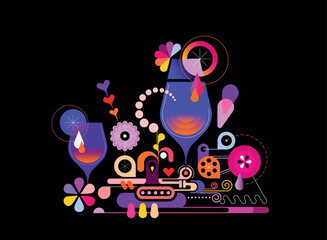 Colour design isolated on a black background Cocktail Machine vector illustration. Creative mix of cocktail glasses and abstract decorative elements.