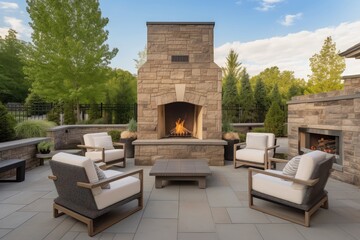 a patio with an outdoor fireplace and plush lounge chairs, created with generative ai