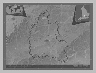 Oxfordshire, England - Great Britain. Grayscale. Labelled points of cities