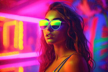 A retro 1980s girl wearing reflective sunglasses in neon UV lights with copy space, generative ai