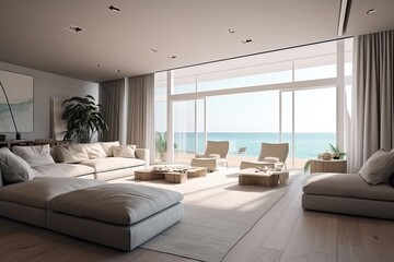 Large living room with a sea view in a lavish summer beach home, modern furniture. interior of a holiday house or villa - generative ai	
