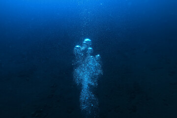 Fototapeta na wymiar air bubbles underwater background diving in the sea