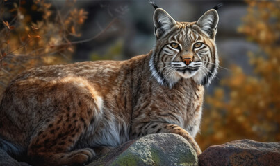 Naklejka na ściany i meble Bobcat (lynx rufus) perched on rocky outcropping with distinctive tufted ears alert. Its coat, patterned with spots & stripes blends seamlessly into the rugged terrain of its habitat. Generative AI