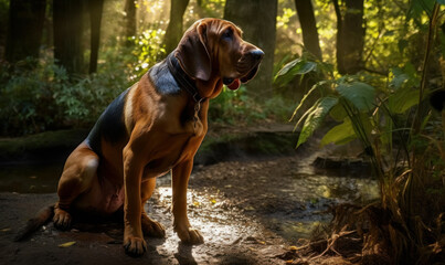 Bloodhound in a lush park setting, sitting on a path. Dog's coat is glossy & sleek, its ears are drooping down as it concentrates on the task at hand. Generative AI - obrazy, fototapety, plakaty