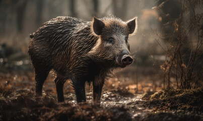 photo of wild boar standing on a forest path in mud. Generative AI