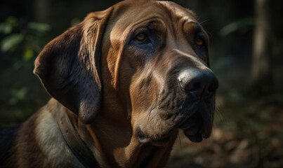 close up photo of bloodhound with natural blurry background. Generative AI - obrazy, fototapety, plakaty