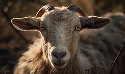close up photo of Boer, South African breed of goat, on blurry natural background. Generative AI