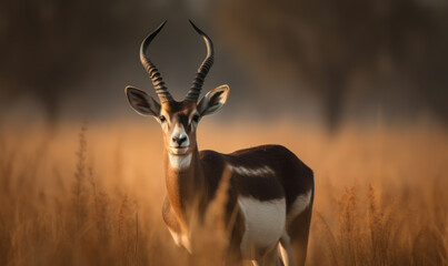 Photo of blackbuck standing majestically on the vast grasslands of India, with its impressive spiral horns held high, ready to defend its territory. Generative AI