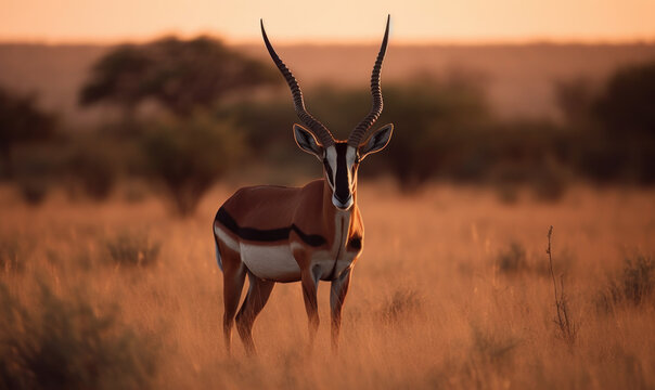 Blesbok standing in a vast savanna, its striking chestnut-brown coat illuminated by warm golden sunlight. Its curved horns rise proudly from its head, adding to its regal appearance. Generative AI
