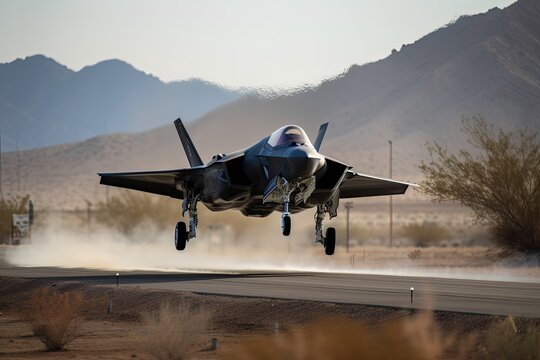 f-35 fighter jet making its final approach to landing strip, created with generative ai