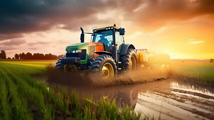 A tractor during the harvest colorful illustration. Generative AI