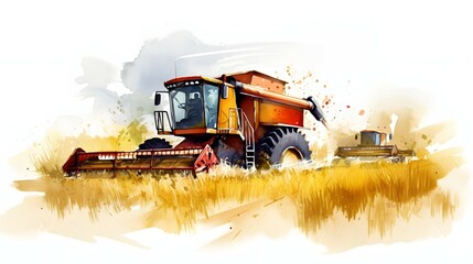 Combine harvester harvests ripe wheat colorful illustration. Generative AI