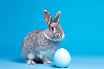 Obraz premium Hop into Easter with a Blue Painted Egg Celebrate the Holiday with this Adorable Bunny Rabbit on a Blue Background, Generative AI.