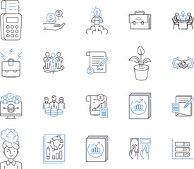 Business and accounting outline icons collection. Finance, Accounting, Taxes, Management, BB, Marketing, Banking vector and illustration concept set. Business, Auditing, Budgeting linear signs