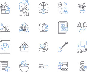 Farming business outline icons collection. Cropping, Sowing, Farming, Cultivating, Reaping, Flourishing, Tilling vector and illustration concept set. Harvesting, Agribusiness, Irrigation linear signs