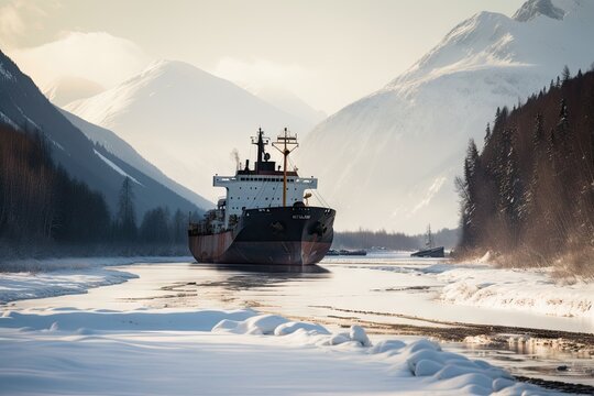 icebreaker ship breaking through frozen river, with snow-covered mountains in the background, created with generative ai