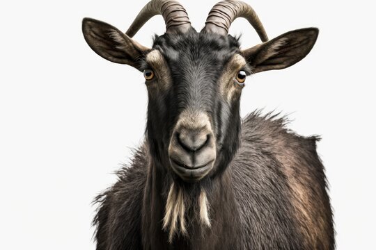 solitary goat Black goat's amusingly ridiculous head, isolated on a white background with a clipping path. Generative AI