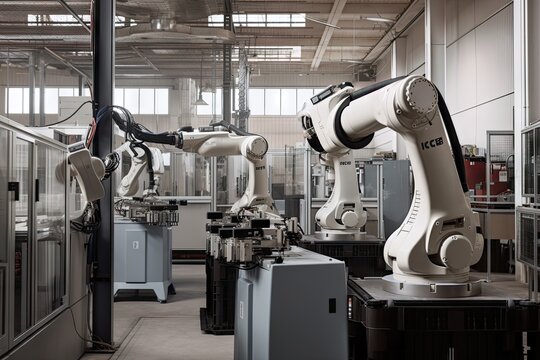 a cobot performing precise tasks on a factory line, with other robots nearby, created with generative ai