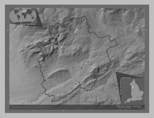 Ribble Valley, England - Great Britain. Grayscale. Labelled points of cities