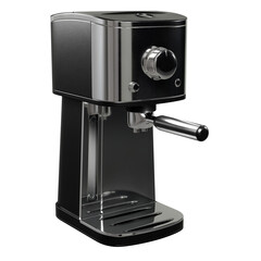 A black and silver espresso coffee machine was rendered in 3D and placed on a white backdrop.