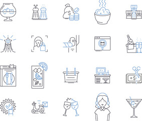 Shopping and restaurant outline icons collection. Shopping, Restaurant, Shopping Mall, Boutique, Cafe, Grocery, Bistro vector and illustration concept set. Store, Grocer, Eatery linear signs