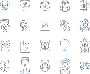 Fashion industry outline icons collection. Clothing, Garments, Apparel, Accessories, Style, Runway, Textiles vector and illustration concept set. Fabric, Shoes, Designers linear signs