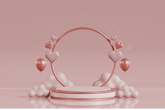 3d podium heart platform, happy valentine pink love display stage illustration
