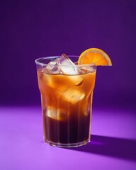 Cuba libre cocktail with orange slice and ice on purple background