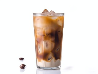 Iced coffee in a tall glass with ice cubes and coffee beans on white background