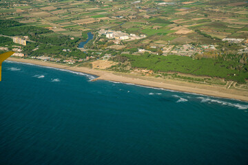 Aerial of Barcelona coastline in Autumn, Spain
