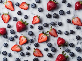 Fototapeta na wymiar Strawberries and blueberries on white marble background, top view