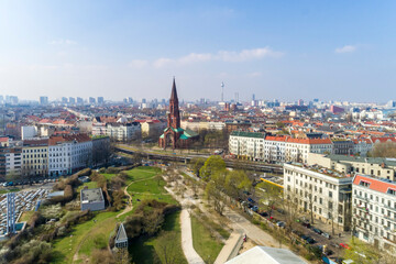 Fototapeta na wymiar Aerial view of Gorlitzer Park in Kreuzberg, Berlin, Germany