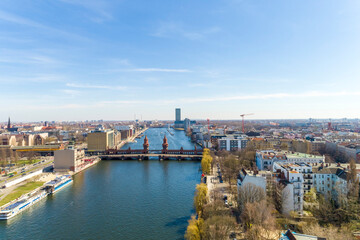 Aerial of Oberbaum Bridge in Friedrichshain., Berlin, Germany