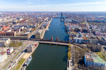 Naklejka premium Aerial of Oberbaum Bridge in Friedrichshain., Berlin, Germany
