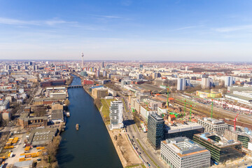Fototapeta premium Aerial view of Spree river gallery, Friedrichshain, Berlin, Germany
