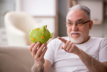 Old man holding piggybank at home