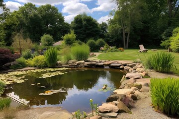 Obraz na płótnie Canvas backyard with pond surrounded by greenery and wildlife, created with generative ai