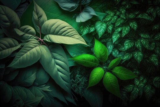 The summertime garden's green leaf nature. Using natural green plants as a spring background for the cover page wallpaper featuring an eco friendly environment. Generative AI